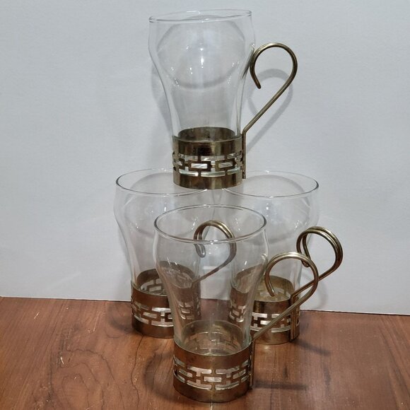 Glass Irish Coffee Cappuccino Glasses Cups Mugs Metal Base and Handles Set of 4 - Picture 3 of 11